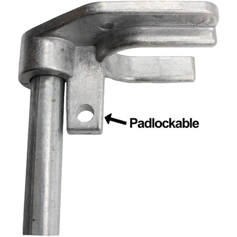 Close-up of galvanized padlockable Chain Link Drop Rod Pin Latch for One to Three Eighths Inch Double Gate Frame 36 Inch Long