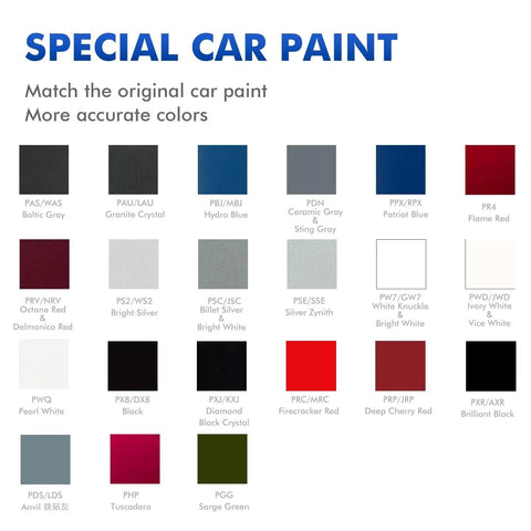 Anvil Jeep Touch Up Paint Kit color options chart for Wrangler Gladiator Renegade - includes 20 car paint swatches.