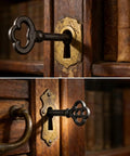 Heavy Duty Solid Brass Skeleton Keys With Antique Finish Plus Two Classic Barrel Designs And Durable Key Rings For Fixing Vintage Door Locks And Adding Dope Retro Decor To Your Home in use, unlocking a vintage wooden cabinet.