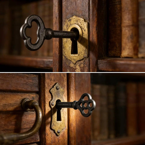 Heavy Duty Solid Brass Skeleton Keys With Antique Finish Plus Two Classic Barrel Designs And Durable Key Rings For Fixing Vintage Door Locks And Adding Dope Retro Decor To Your Home in use, unlocking a vintage wooden cabinet.