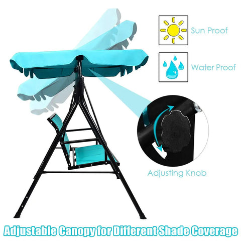 Three Seat Patio Swing With Steel Frame And Adjustable Canopy, All Weather Resistant Rocking Bench, showing turquoise finish