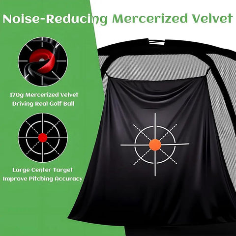 Quiet Indoor Golf Net 8X6 Feet With Target For Practice, Easy Quick Setup, mercerized velvet target shown inside net
