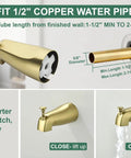 Brushed Gold Tub And Shower Faucet Set With Waterfall Spout Wall Mount Shower System includes diverter and pipe fitting diagram.