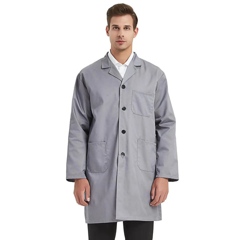 Model wearing Unisex Lab Coat Scrubs Jacket For Med Pros, Long Sleeve Notch Collar, 2 Waist Pockets And 1 Chest Pocket, XL, Gray