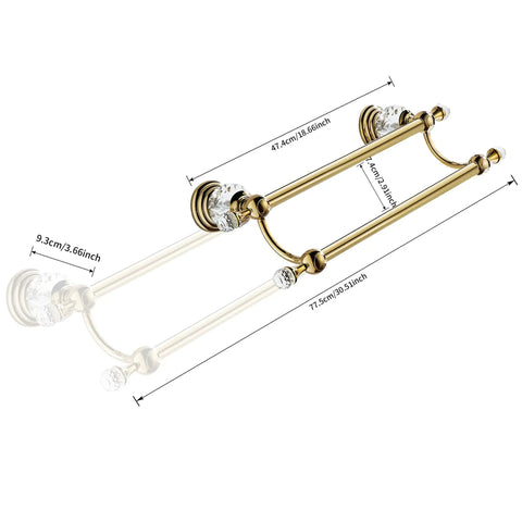 Crystal Double Towel Holder With Adjustable Gold Towel Bar From 18.66 To 30.51 Inches Wall Mounted Bathroom Rail Rack Lux Crystal End Caps