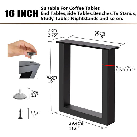 Top Shelf 16 Inch Metal Bench And Desk Legs Heavy Duty Furniture Feet With Adjustable Glides Black Steel Pipe Table Base Support detailed dimensions.