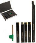 Five Piece Indexable Lathe Tool Set With Half Inch Shank Including Four Carbide Turning Tool Holders And One Boring Bar, shown with case.