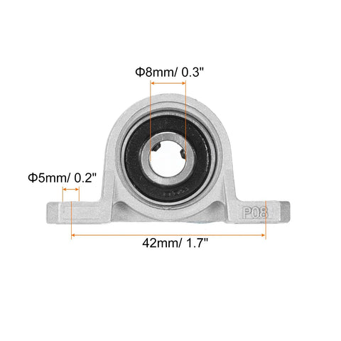Pillow block bearing KP08 with 8 mm bore, zinc alloy housing, self-aligning insert, front view