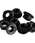 Heavy Duty 5/16 Inch Hex Serrated Flange Lock Nuts With Black Oxide Coating Built Tough As Nails Using Grade 304 Stainless Steel 18 8 For Zero Hassle Installation And Bulletproof Grip In A 25 Piece Pack stacked in black.