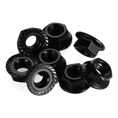 Heavy Duty 5/16 Inch Hex Serrated Flange Lock Nuts With Black Oxide Coating Built Tough As Nails Using Grade 304 Stainless Steel 18 8 For Zero Hassle Installation And Bulletproof Grip In A 25 Piece Pack stacked in black.