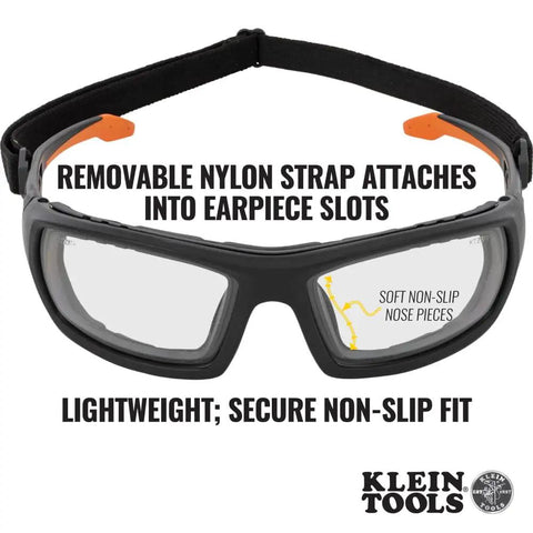 Gasket Safety Glasses For Worksite PPE Eye Protection With Full Frame Design featuring removable nylon strap and non-slip nose pieces.