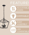 Renzo 4 Light Black Lantern Pendant Light Dimmable Adjustable Height Square Cage Hanging Fixture Rustic Chandelier features