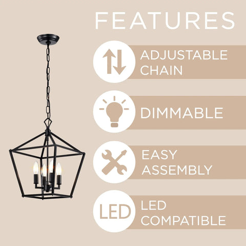 Renzo 4 Light Black Lantern Pendant Light Dimmable Adjustable Height Square Cage Hanging Fixture Rustic Chandelier features
