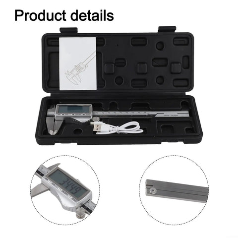 Rechargeable Vernier Digital Caliper in a protective case with USB charging cable and measurement display.