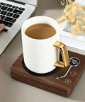 Electric Coffee Mug Warmer With Three Heat Settings And Four Hour Auto Shutoff Keeps Your Favorite Brew Piping Hot For Lazy Desk Setup Or Cozy Kitchen Counters No More Cold Sip Vibes On The Daily, showing a white mug on a wooden warmer.