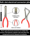 Multi-slot electrical connector pliers with 210mm length, carbon steel material, and non-slip handle for automotive use.