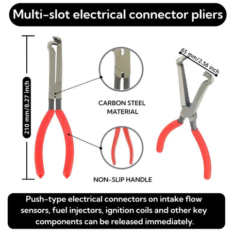 Multi-slot electrical connector pliers with 210mm length, carbon steel material, and non-slip handle for automotive use.