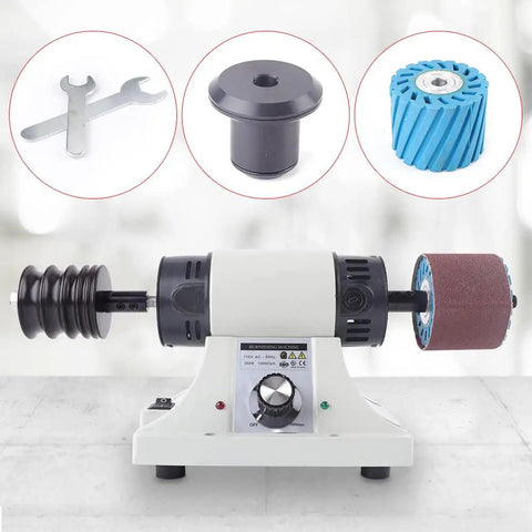 Heavy Duty Electric Leather Edge Burnishing Machine With Variable Speed Dial Up To 8000 Rpm and Sturdy Rosewood Buffing Bits visible from the side.