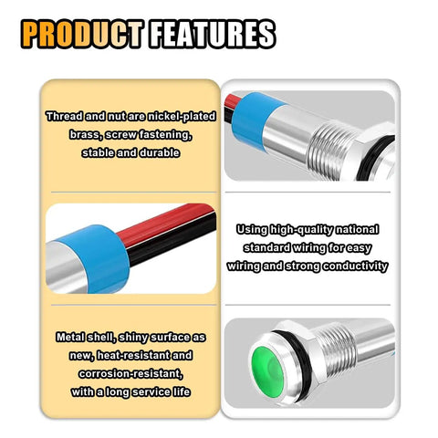 5 Piece 6MM One Quarter Inch LED Indicator Light Kit, AC DC 12 24V Waterproof IP66 metal signal lamp with 145mm wire