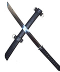 30.5 Inch Full Tang Wakizashi Samurai Sword With 65Mn Spring Steel Blade Oil Tempered Edge Faux Leather Wrapped Scabbard Ergonomic 10 Inch Handle Minimalist Hamidashi Tsuba Durable Martial Arts Sword For Collectors And Practitioners, displayed with the scabbard crossed behind.