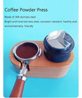 Top Shelf Dual Head Coffee Distributor And Tamper Kit Featuring Quick Rebound Design Crafted From Solid 304 Stainless Steel for coffee powder press on blue background.