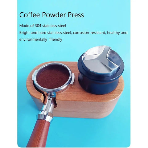 Top Shelf Dual Head Coffee Distributor And Tamper Kit Featuring Quick Rebound Design Crafted From Solid 304 Stainless Steel for coffee powder press on blue background.