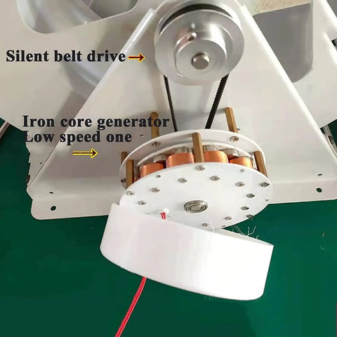 Mini 50W Low-Speed Water Turbine Generator For Off-Grid Power, showing silent belt drive and iron core, eco friendly