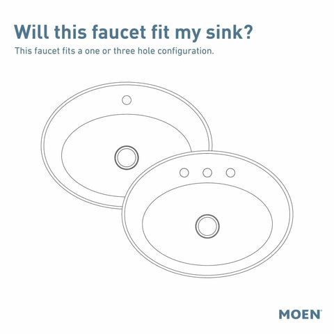 Diagram showing 1-hole and 3-hole sink compatibility for Gibson One-Handle Single Hole Modern Bathroom Faucet in Brushed Nickel With Optional Deck Plate
