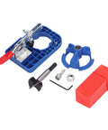 Premium Plus Hinge Opening Locator Tool For 35mm Woodworking Projects With Adjustable Limit Guide and Rock Solid Plastic Aluminum Alloy Build, showing components including a blue locator base.