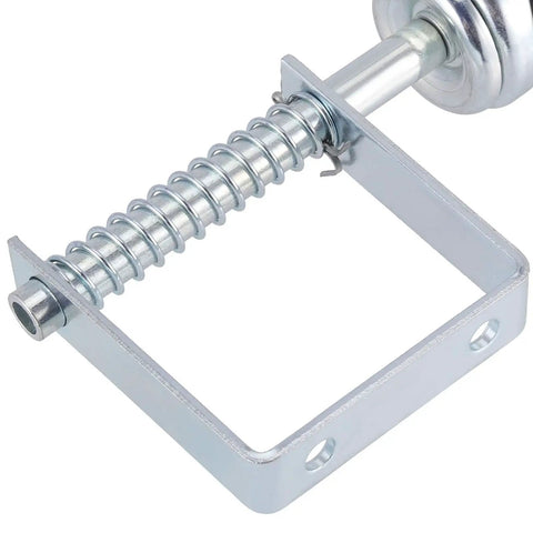 Close-up of Beefed Up 4 Inch Gate Caster Wheel Set With Spring Loaded Swivel showcasing steel spring and mounting bracket.