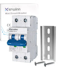 DC Small But Mighty Miniature Circuit Breaker 1000V Non Polarity 2 Pole 32A MCB With DIN Rail Mount shown with packaging and screws.