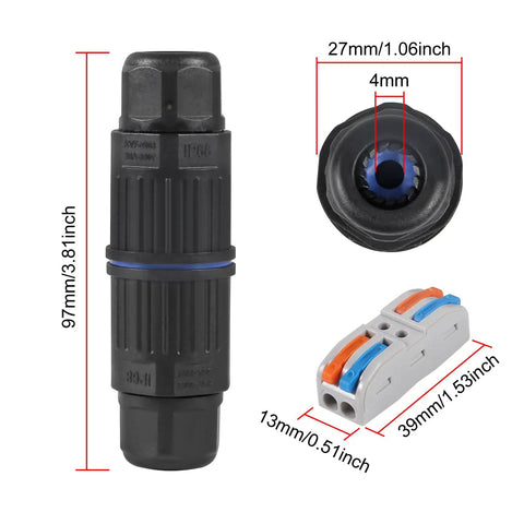 IP68 Outdoor Waterproof Junction Box For 2 Way Cable Connector Quick Screwless Installation External Sleeve Coupler For AWG 28 To 12 Wires shown with dimensions
