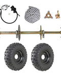 Beefy 1 Inch Rear Live Axle Kit With 6 Inch Tubeless Wheels Rim Chain Sprocket And Master Cylinder For Go Karts ATVs Quads Trikes And Golf Carts Heavy Duty Build With 500 Plus Lbs Capacity. Components shown include axle, wheels, chain, and brake system.
