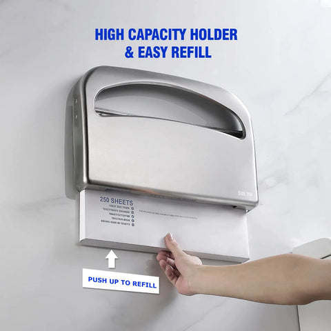 Wall Mount Toilet Seat Cover Dispenser For Commercial Use, Half Fold Sheets, 304 Stainless Steel Construction, 16 Inch, Easy Refill