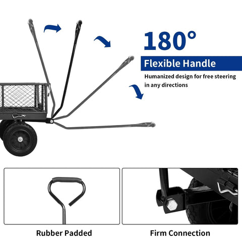 All Terrain Steel Garden Cart With 10 Inch Wheels And 180 Degree Rotating Handle detailing flexible handle and rubber grip
