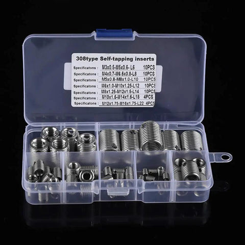 Self Tapping Threaded Inserts Kit For Metal And Stainless Steel 58 Piece Diy Tool Set in plastic case, assorted sizes
