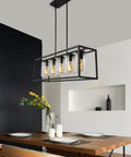 Black Farmhouse Style 5-Light Rectangle Chandelier With Glass Shades, over dining table, industrial island light fixture, modern rustic vibe