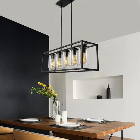 Black Farmhouse Style 5-Light Rectangle Chandelier With Glass Shades, over dining table, industrial island light fixture, modern rustic vibe