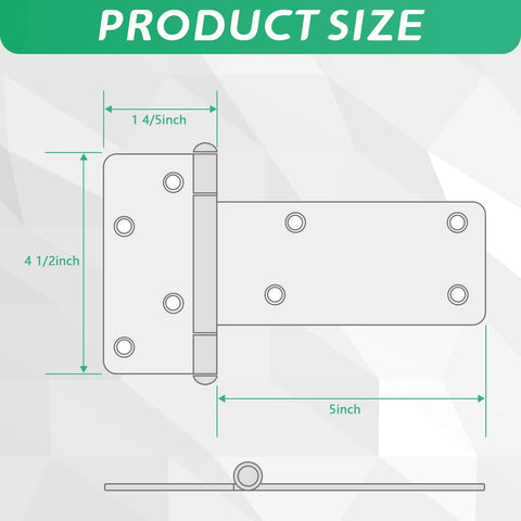 Diagram showing dimensions of 5 Inch T Strap Shed Door Hinges 260 Lb Capacity 6 Pack, featuring black iron material for wooden fences and barn doors.