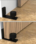 Sliding Barn Door Floor Guide With Adjustable Wall Mount And Bottom Double Nylon Rollers, Black Finish Steel Frame, Installed