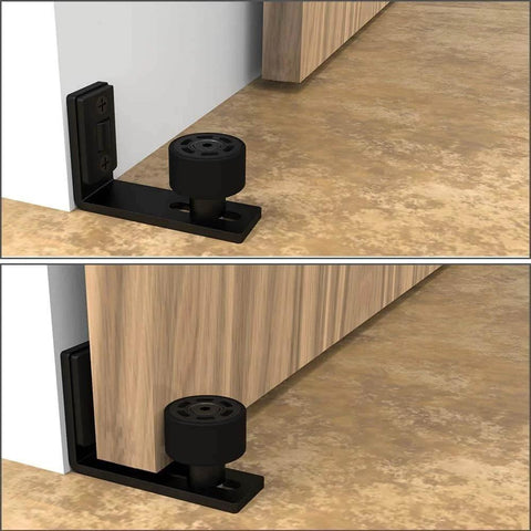 Sliding Barn Door Floor Guide With Adjustable Wall Mount And Bottom Double Nylon Rollers, Black Finish Steel Frame, Installed