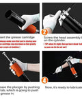 Lnchett grease gun with quick-release collage showing cartridge insertion, head assembly, plunger release, and lubrication.