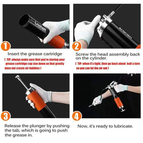 Lnchett grease gun with quick-release collage showing cartridge insertion, head assembly, plunger release, and lubrication.