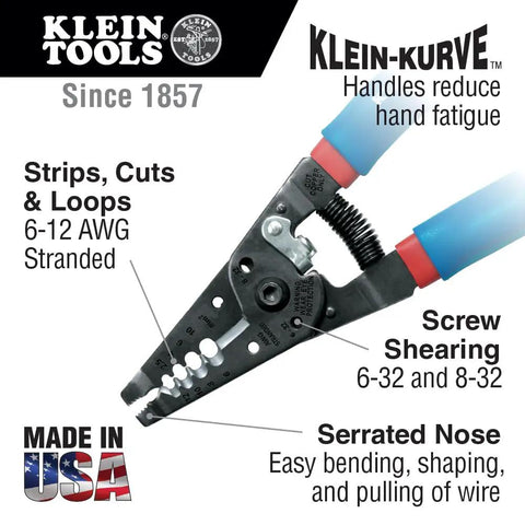 Curve Wire Stripper And Cutter For 6-12 AWG Stranded Wire, 7-1/8 Inch Hand Tool With Precision Ground Stripping Holes shown.