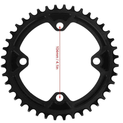 Dope Lightweight Aluminum Chain Ring 104 BCD 40T 42T Narrow Wide Round Chain Ring For Mountain Bike And Single Speed CNC Machined Replacement Part For AM And XC Cranksets. Image of black chainring with 104mm BCD measurement line highlighted.