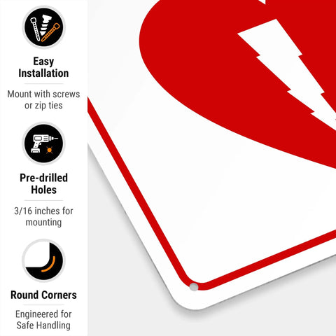 Front view of AED sign packaging; white sign with red border, 10x14 in, 55 mil HDPS