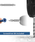 One Quarter Inch By Six Inch Heavy Duty Concrete Screw Anchor Set With Blue Ruspert Coating shown with drill and screwdriver bit