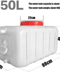 Large 150L water storage tank with measurements, showing a red cap, for home, office, school, hotels, made of food-grade PE plastic, impact tough