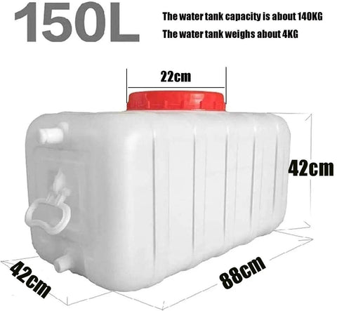Large 150L water storage tank with measurements, showing a red cap, for home, office, school, hotels, made of food-grade PE plastic, impact tough