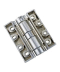 Tough As Nails Zinc Alloy Adjustable Limit Gate Hinge Reinforced With A Thickened Heavy Duty Frame For Ridiculously Smooth Self Closing Door Swing And Lock close-up view of hinge with metallic finish